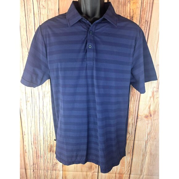 Travis Mathew Mens Navy Striped Polo Shirt Medium Nylon Blend - Picture 1 of 7